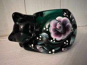 Vintage Indiana Glass emerald green sleeping cat votive candle holder hand-painted floral & signed