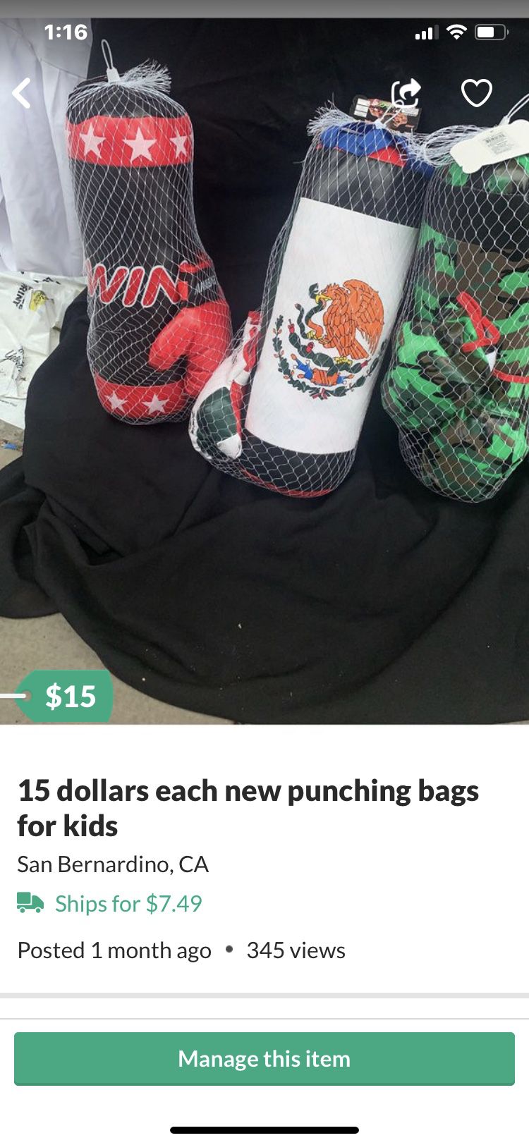 15 dollars each new punching bag for kids