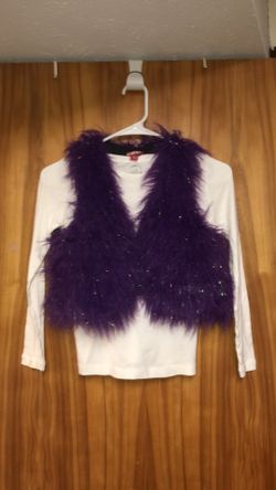 Kid’s size large (10-12) fuzzy purple Bongo vest with silver shimmery pieces throughout and a plain white shirt