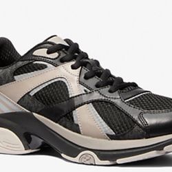 MICHAEL KORS MENS Leo Mixed-Media Trainer  Black and Gray Athletic Shoes
