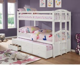 New White Twin/Twin Bunk Bed with Twin Trundle and Storage