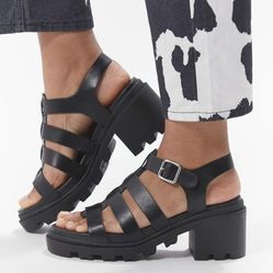 URBAN OUTFITTERS Womens Black Leather Edgy Grunge Lia Fisherman Heeled Sandals