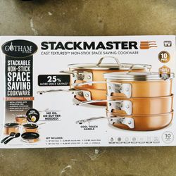 Gotham Steel Stackmaster 10 Pc Pots and Pans Set Non Stick Cookware Set with Kitchen Utensils, Induction Ready, Non Toxic Pot and Pan Set With Space S