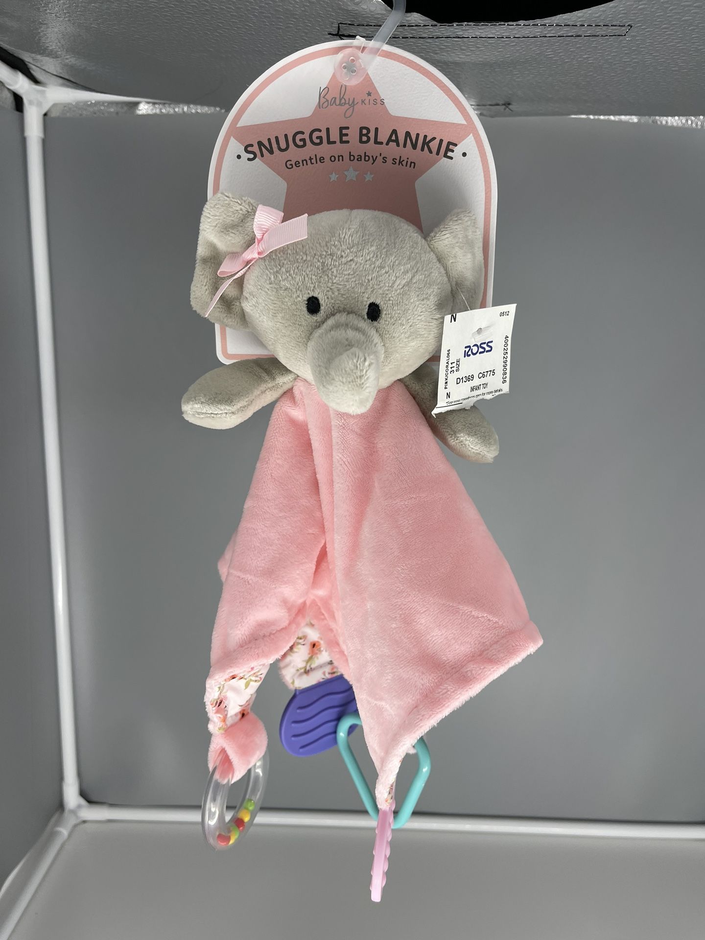 New Baby Snuggle Pink Blankie lovey Gray Elephant With Rattle sound
