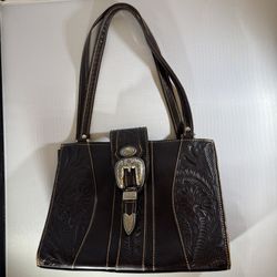 American West Tooled Leather Western Tote Purse w/ Buckle (Dark Brown/Black)
