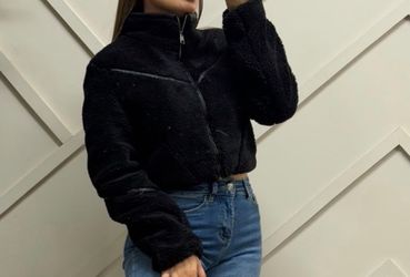 Black Cropped Sherpa Zip-Up Jacket