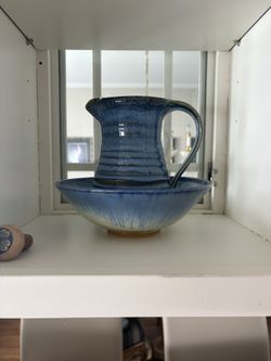 blue glazed pottery pitcher + bowl/wash basin set