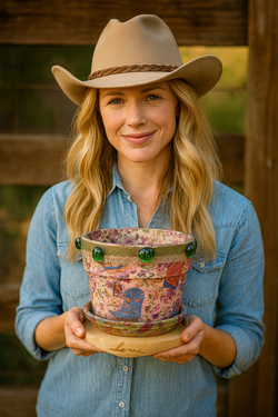Western Decoupage Flower Pot & Green Gems