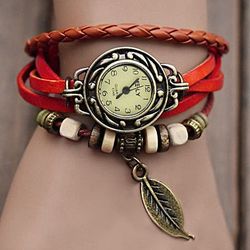 Women's Red Bracelet Leaf Watch
