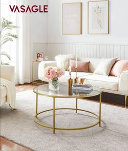 Round Coffee Table, 35.4-Inch Dia. Glass Table with Golden Steel Frame, Living Room Table, Robust Tempered Glass, Stable, Gold ULGT21G