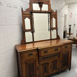 Antique Victorian Sideboard - Carved Tiger Oak with Mirror