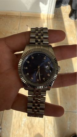 Silver Datejust-Style Watch with Blue Dial & Box