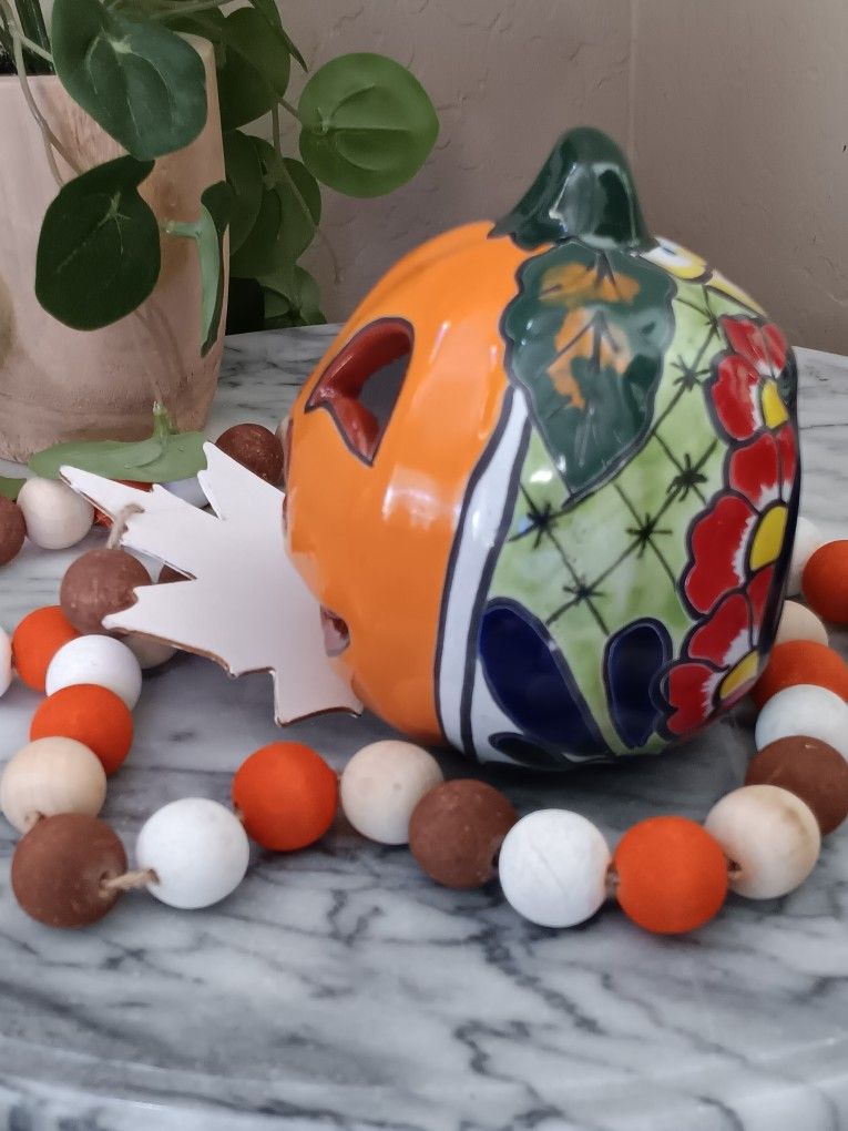 π$8 Talavera Pottery Small Pumpkin 5" Votive Candle Holder