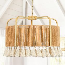 NEW 20” Rattan Chandelier, 4-LightHand Woven Boho Chandelier with Fabric Shade Farmhouse Light
