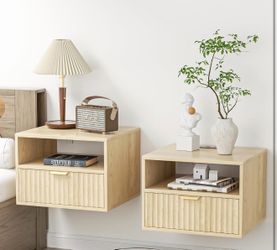 Set of 2 Floating Nightstands with Power Outlets