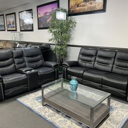 2PC Black Leather Sofa & Loveseat w/ Drop-down Cup Holders & Power Recliners 