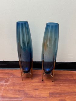 2 Ivy Bronx Kirkendall Blue Glass Floor Vase Gold Stand