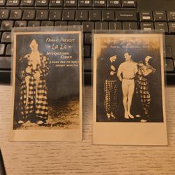 early circus / vaudeville promotional photographs featuring:
Frank Prevost “La La” – International Clown
Aerial horizontal bar comedy act performers