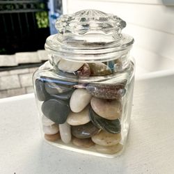 Vintage Clear Glass Apothecary Jar Filled W/ Polished River Rocks