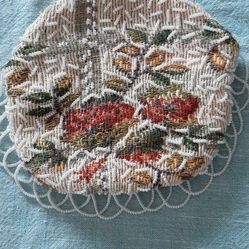 MCM white seed bead and tapestry evening bag.
