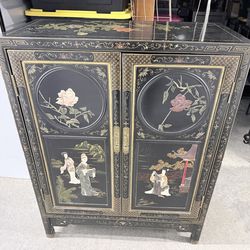 Antique Chinese Black Lacquer Genuine Stone Cabinet