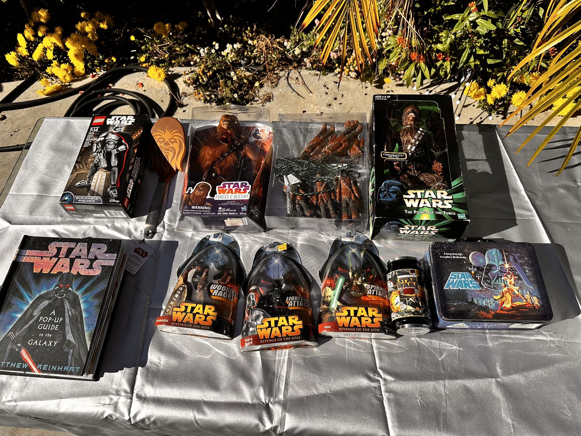 Star Wars Collectibles Lot – Figures, LEGO Phasma, Pop-Up Book, Chewie Lights, Tin & More