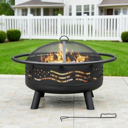 38 Inch American Flag Fire Pit with Mesh Cover & Poker, Round Metal Wood Burning Outdoor Firepit for Patio, Garden, Backyard, Bonfire, Ideal for 4th o