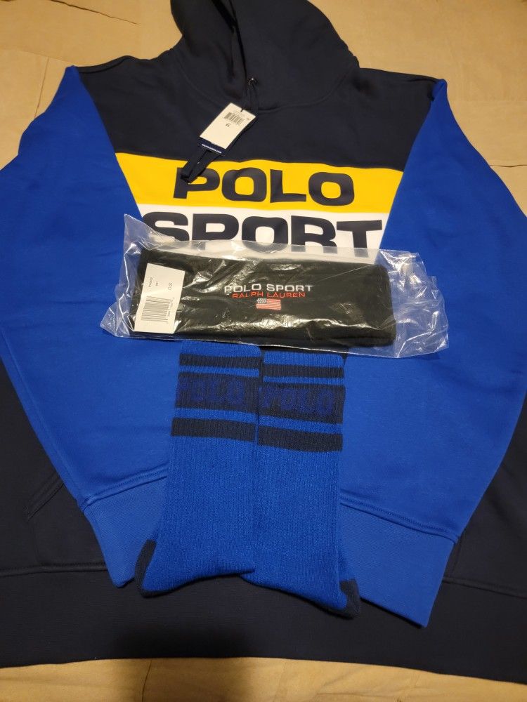 XL Polo Sport navy/royal/yellow/white hoodie. Polo Sport headband. Blue crew Polo socks 10 to 13 shoe fit.