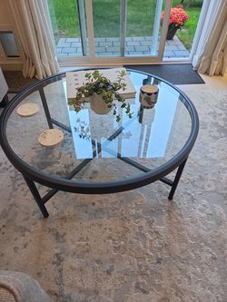 Large Round Black Metal & Glass Coffee Table – Modern