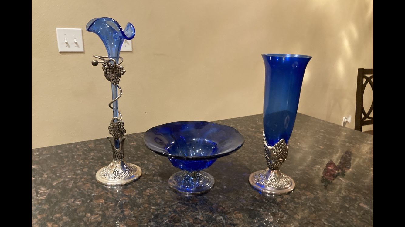 Vintage Blue Glass Set Vase