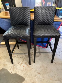 Pair of Black Leather Woven Bar Stools