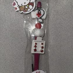 Nurse And Graduation Beaded Pen W/3 Pair Of Earrings, Sticker, Extra Ink