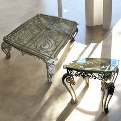 2p Lexington Furniture Vintage Ornate Iron Glass Coffee Table End Table