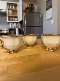 Vintage White and Gold Teacup and Saucer Set (7 Pairs)