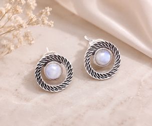 Natural Rainbow Moonstone Silver Stud Post Earrings