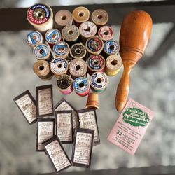 Vintage Sewing Notions, Wooden Spools And Thread