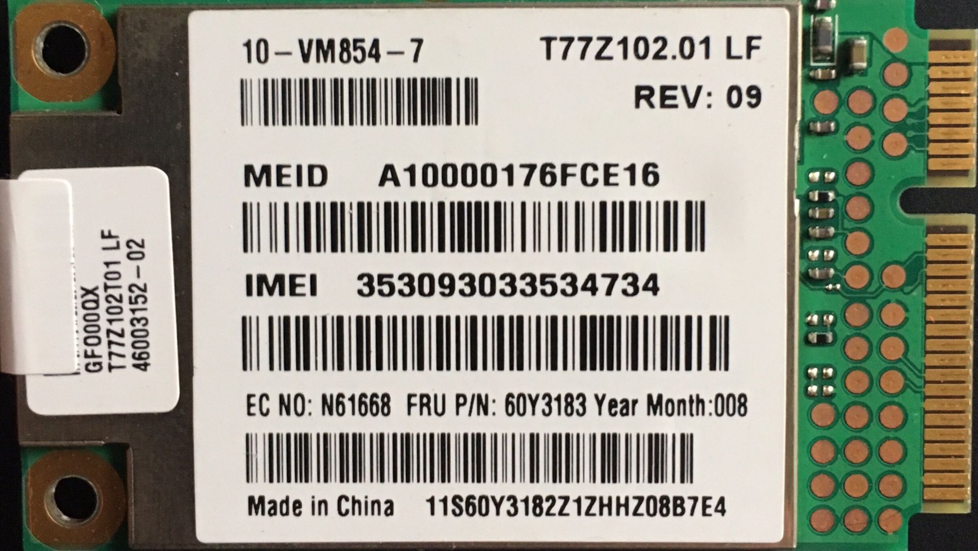 IBM Lenovo Thinkpad Laptop 3g WWAN Card 60y3183