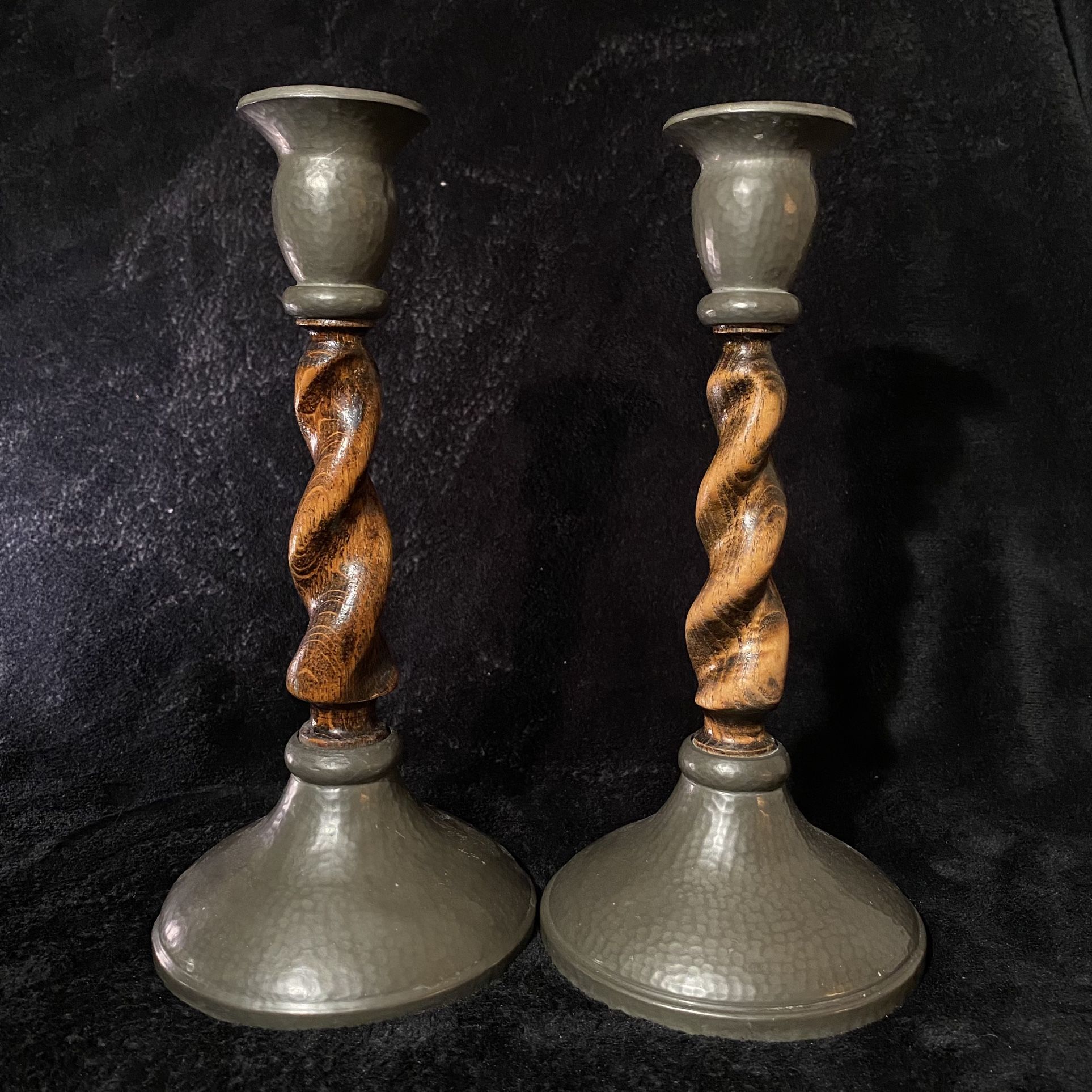 Pair Of Antique English Lion Barley twist Wood and pewter Candle sticks