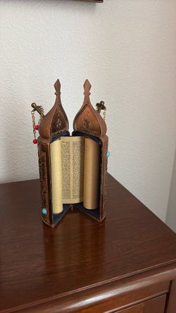 Vintage Brass & Copper Israeli Torah Scroll Case with Hebrew Scroll