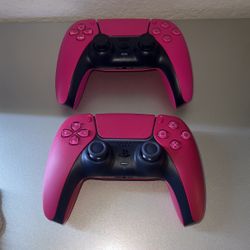 ps5 controllers, red and pink. 