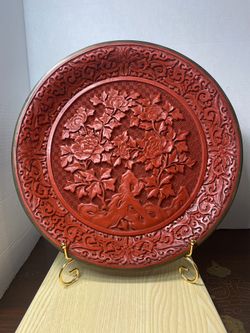 Antique Chinese Cinnabar Plate With Brass Rim 