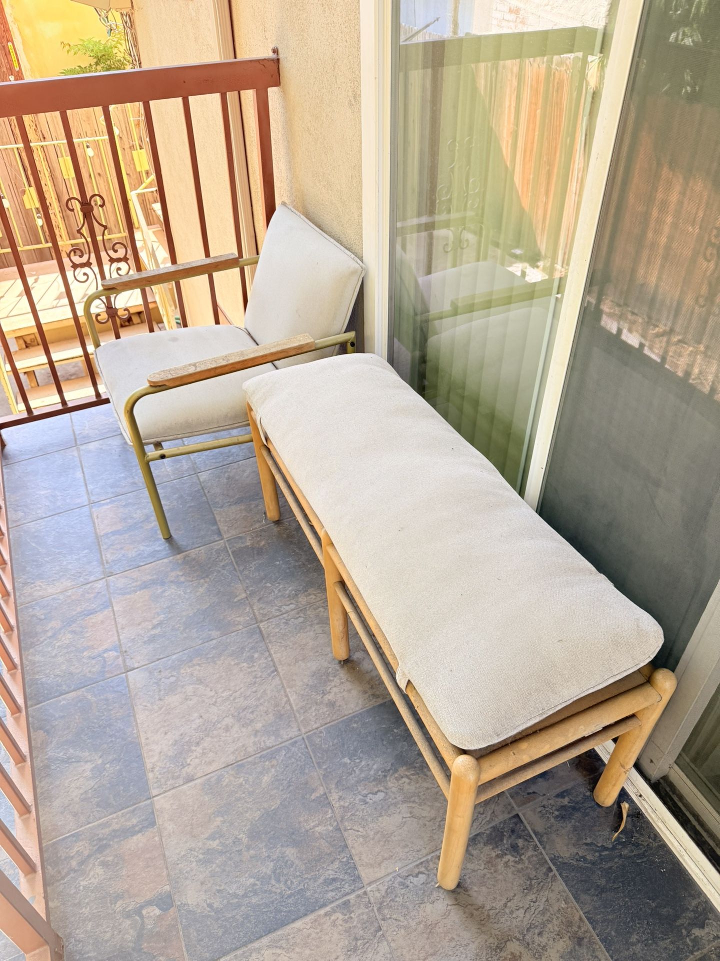 Outdoor Furniture Set - Cream Cushioned Bench And Armchair