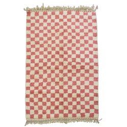 7x10 Salmon Checkerboard Moroccan Handmade Wool Area Rug Pink Rug Light Pink Colored Rug Home Decor Pink Home Boho Rug Girls Nursery Room Rug 