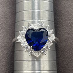 Solid 925 Sterling Silver Big Blue Heart Size 11.5 