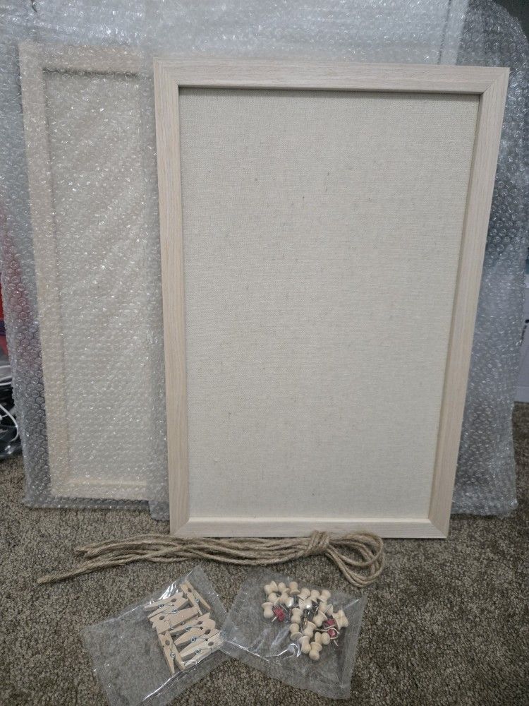 Natural Wood, Cork Bulletin Board with Linen, 16x11 Wood Frame Pin Board Wall Decor x2