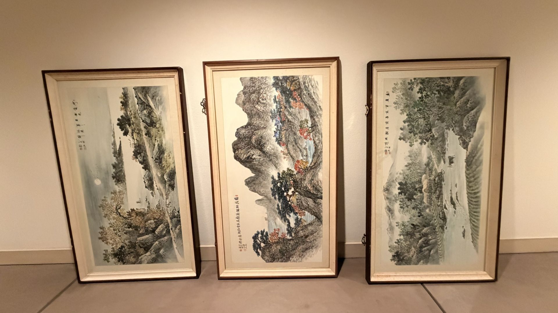 Set of 3 Large Korean Landscape Paintings – Kim Ok-Jin (Hwasan) – 60” Framed – Rare Vintage Collection