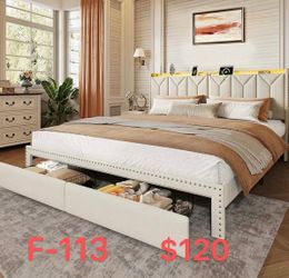 （F-113）Full Size Upholstered Bed Frame with 2 Drawers, Storage Headboard Platform Bed with Charging Station and LED Light