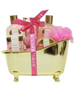 Spa Luxetique Spa Gift Basket with Sensual Rose Fragrance, Premium Bath&Body Gift Basket for Women, Luxurious 8pc Spa Basket with 2 Bath Bombs, Showe