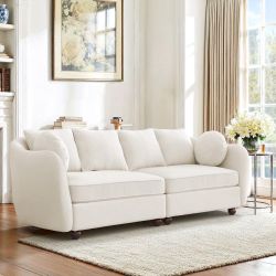90” Ivory Chenille Sofa – Modern Couch with Throw Pillows