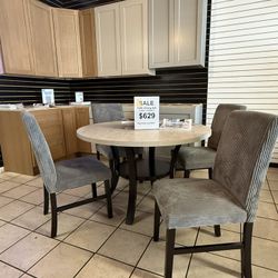 5-pc Dining Set Wood Table, Grey Corduroy Chairs
